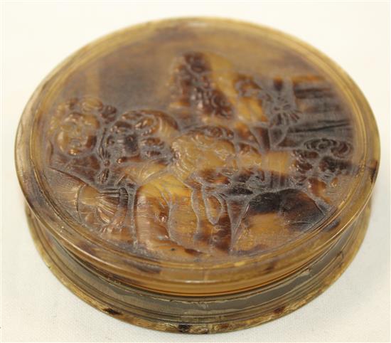 An 18th century blond tortoiseshell circular snuff box, 3in.